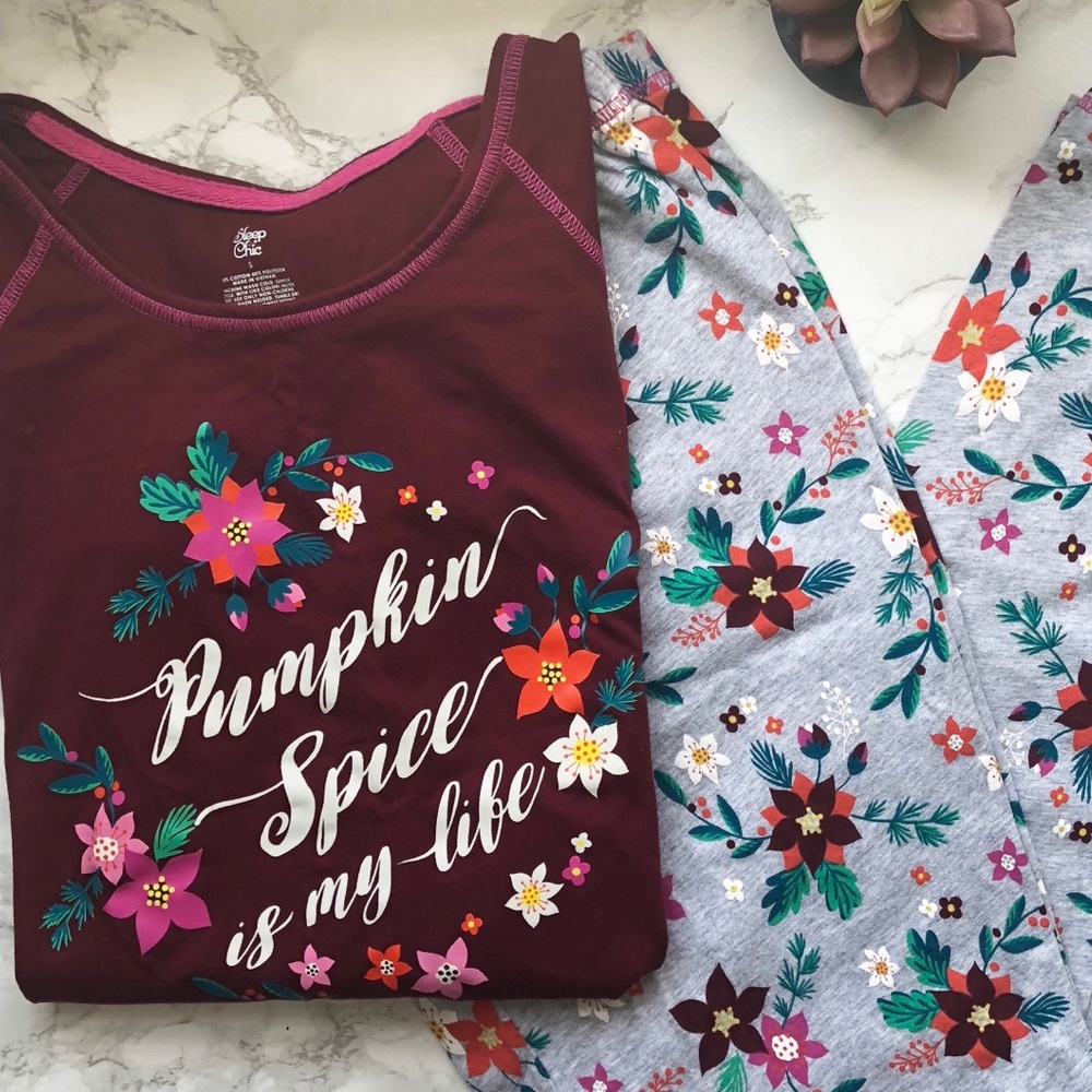 NWOT “Pumpkin Spice Is My Life” Floral Pajama Set